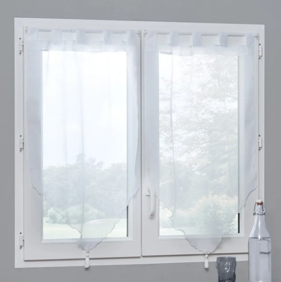 Vitrage passe tringle voile uni blanc pointe pompon 60x120cm x2