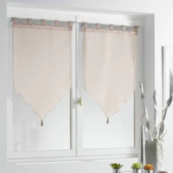 Vitrage à pattes voile uni taupe finition pointe pompon 60x90 cm x2