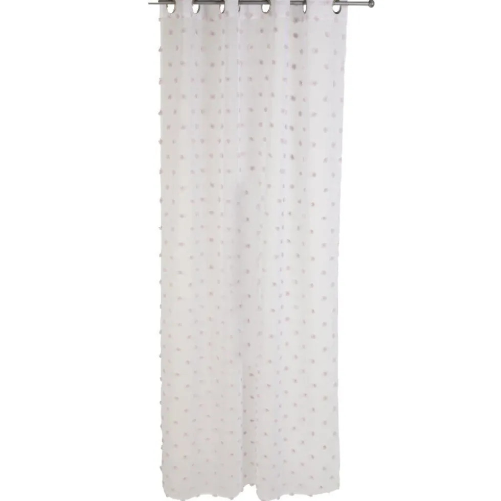 Voilage à oeillets blanc décor pompons rose 140x240 cm